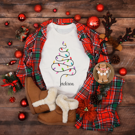 Personalized Christmas Tree Lights with Name Women's White Tee
