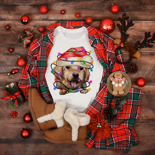 Christmas  Golden Puppy with Lights Women's White Tee