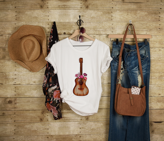 Floral Guitar Adult Cotton T-shirt