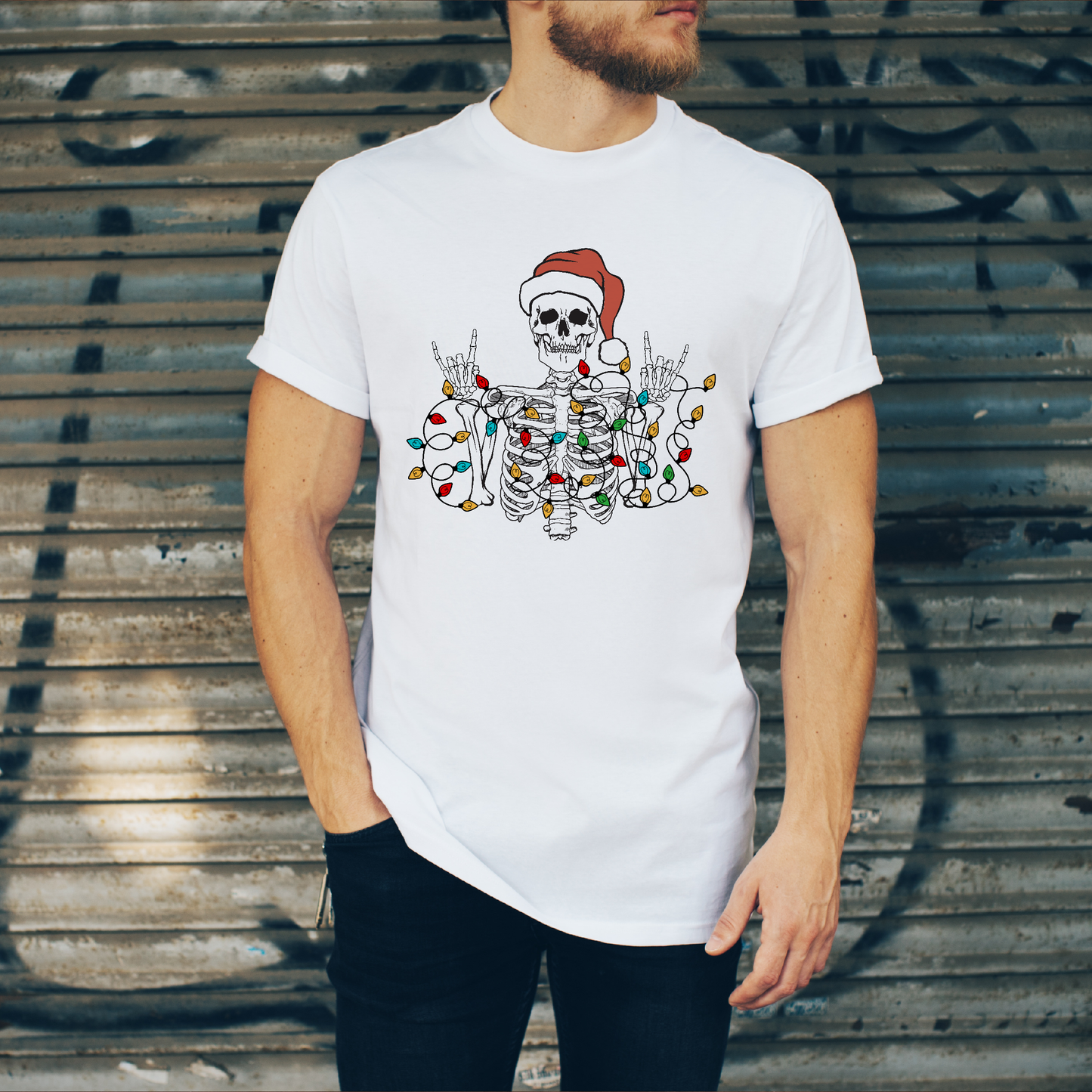 Christmas Skeleton Lights Men's White Tee
