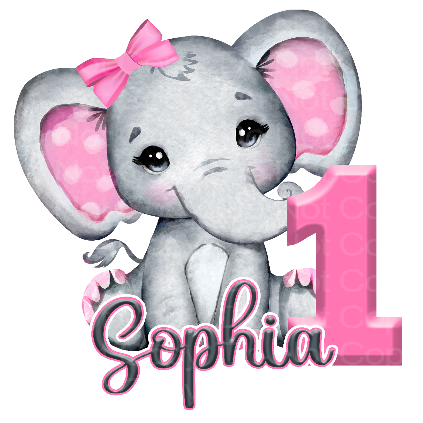 Customize it! 1st Birthday! Pink Baby Elephant with Name Transfer Film 5013