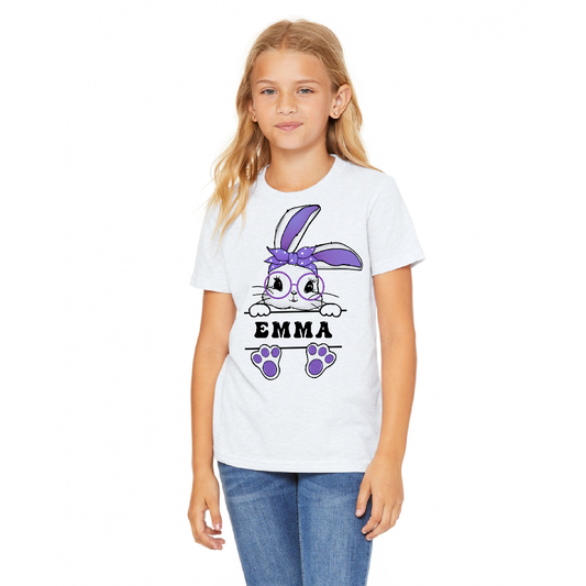 Personalized Cute Purple Easter Bunny with Name Youth Cotton T-shirt