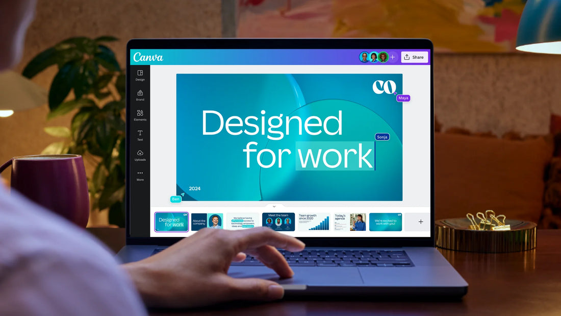 designer creating custom shirt artwork in Canva before sending design link for DTF printing and custom merchandise production