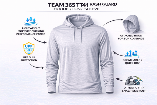Custom UPF hooded rash guards Florida — Team 365 TT41 DTF printing at iHeartCustoms