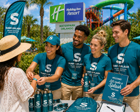 Custom teal Port & Company PC43 launch team shirts for Holiday Inn Resort Orlando Waterpark Surf & Splash brand activation by iHeartCustoms