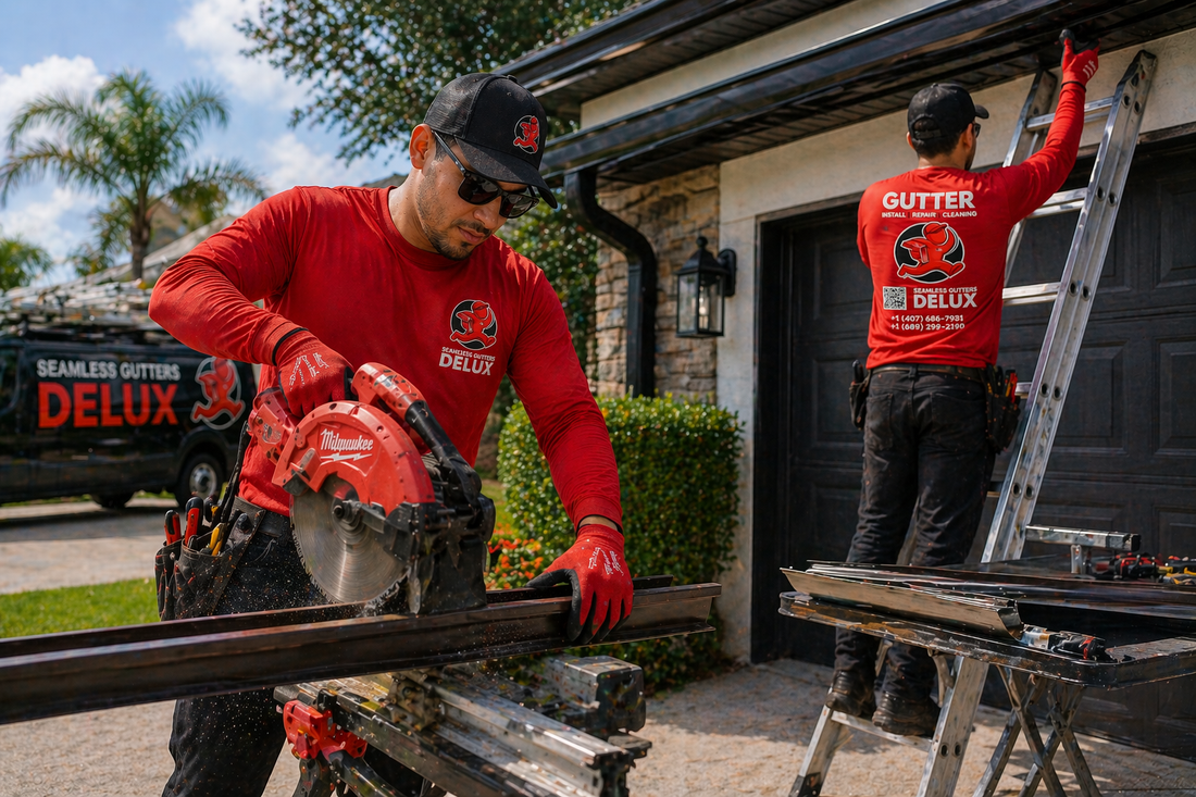 Custom UV protection rash guard work shirts for Seamless Gutters Delux produced by iHeartCustoms in Orlando for outdoor gutter installation crews using customer supplied performance apparel.