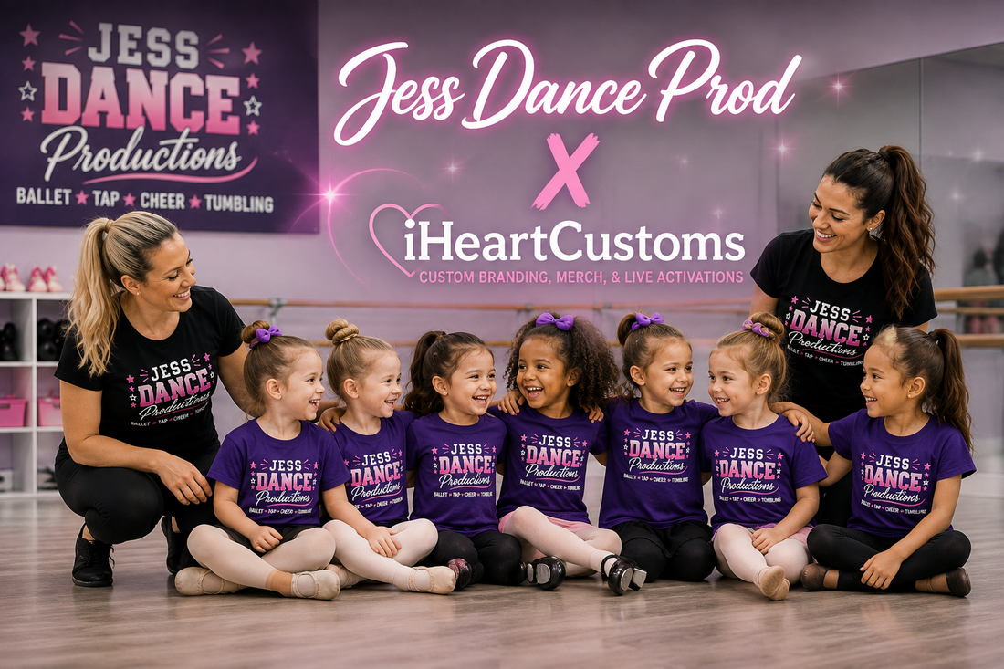 Custom school-specific dance and cheer tumbling shirts produced by iHeartCustoms for Jess Dance