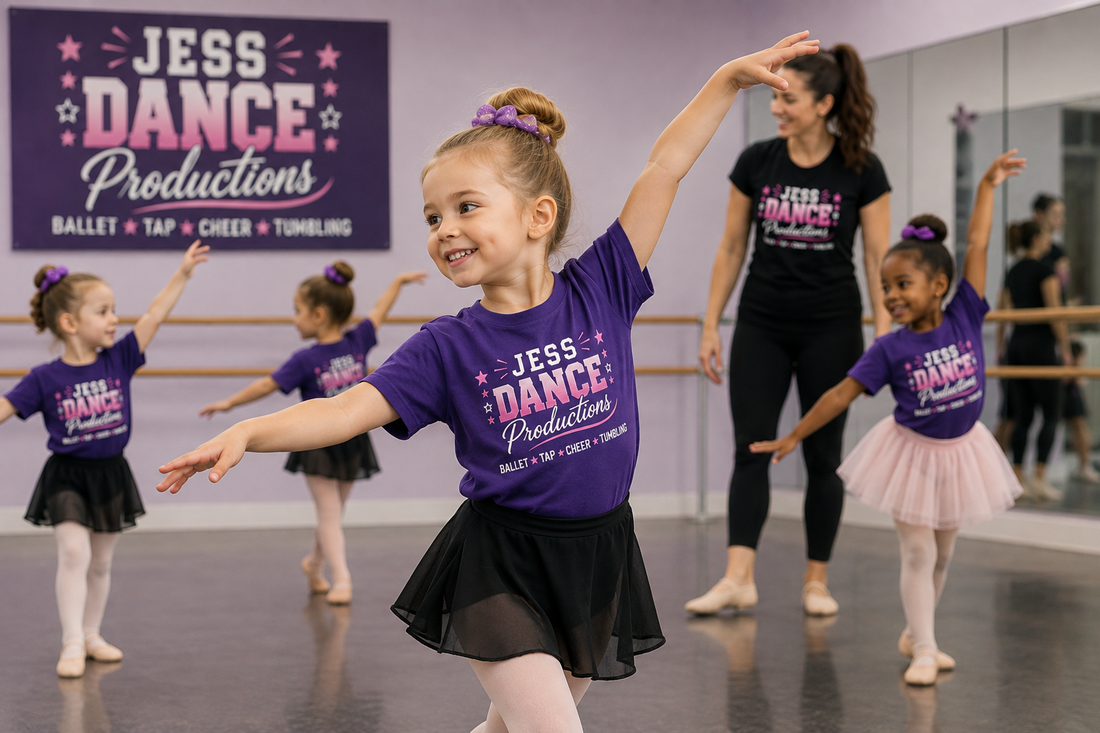 Jess Dance Productions branded merchandise page on iHeartCustoms — parent-direct ordering for school-specific dance shirts and tote bags Orlando