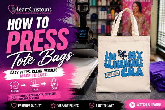 iHeartCustoms in-house production pressing DTF transfer onto branded tote bag using pressing pillow — custom DTF tote bag Orlando