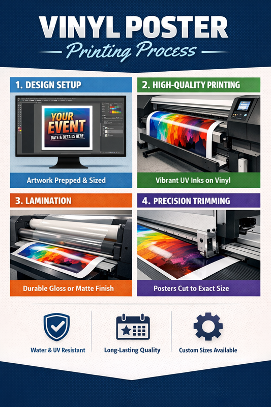 Vinyl poster printing process showing artwork setup, large format vinyl printing, precision trimming, and finished durable vinyl posters for business and event signage in Orlando