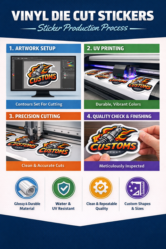 Die cut sticker production process showing artwork setup, contour lines, UV printing on vinyl, precision cutting, and finished custom die cut stickers for business branding in Orlando