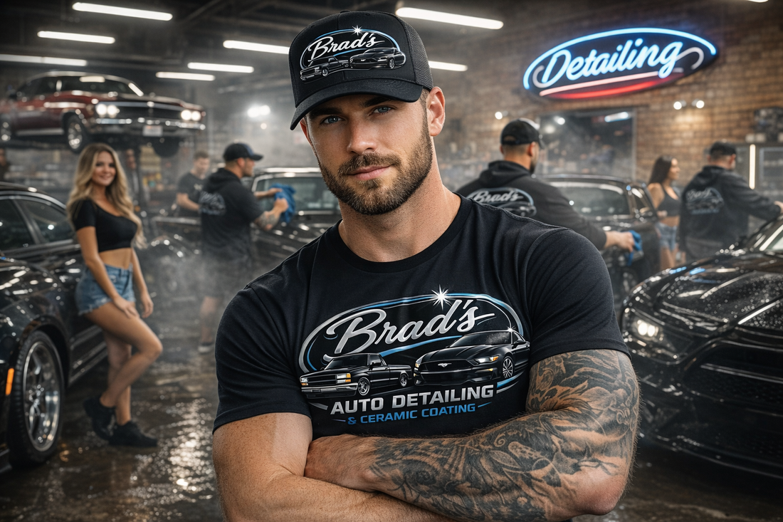 Custom embroidered black trucker hat for auto detailing brand produced by iHeartCustoms Orlando using premium custom hat and DTF printing services