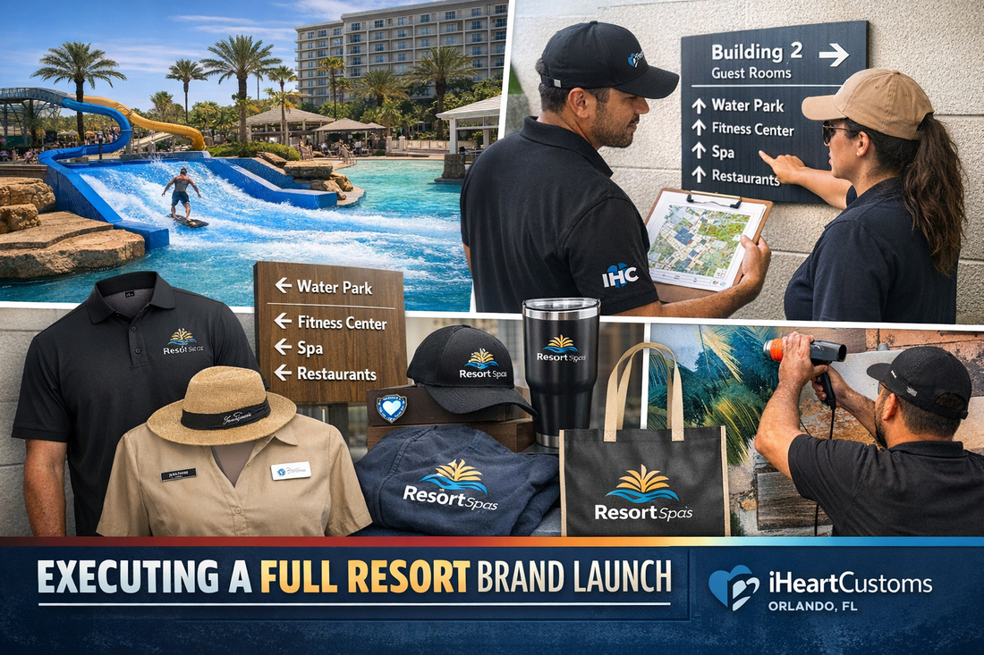 Hotel brand launch project in Orlando featuring custom wayfinding signage, vinyl graphics, hotel uniforms, and branded merchandise production by iHeartCustoms.
