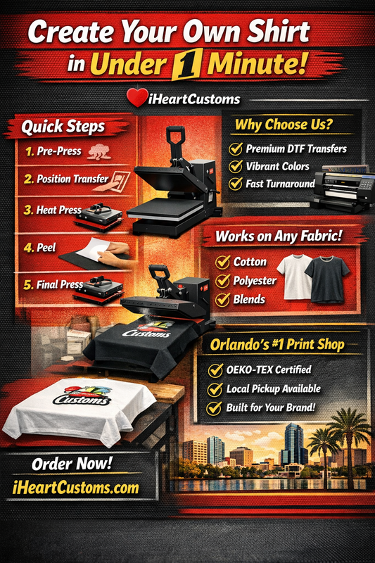 See how to create your own shirt in under 1 minute using professional DTF transfers from iHeartCustoms in Orlando. Order DTF printing and custom shirts today.
