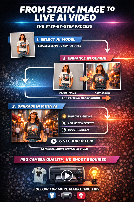 Infographic showing how to turn a static image into a live AI video for custom merch marketing using Gemini and Meta AI.