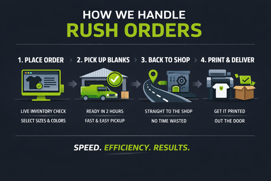 DTF print shop owner driving to local Orlando apparel supplier for rush custom t-shirt order pickup