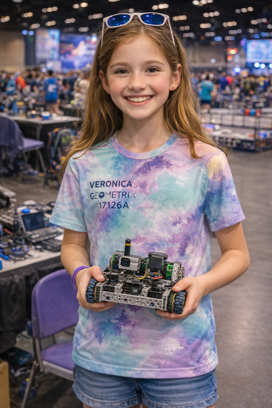 Youth competitor wearing a custom team shirt holding a robotics build at an Orlando convention, showcasing event apparel suitable for same-day rush printing.