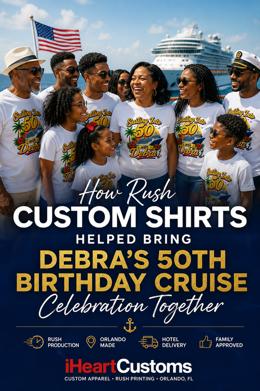Debra's 50th birthday cruise custom shirts — rush production by iHeartCustoms Orlando