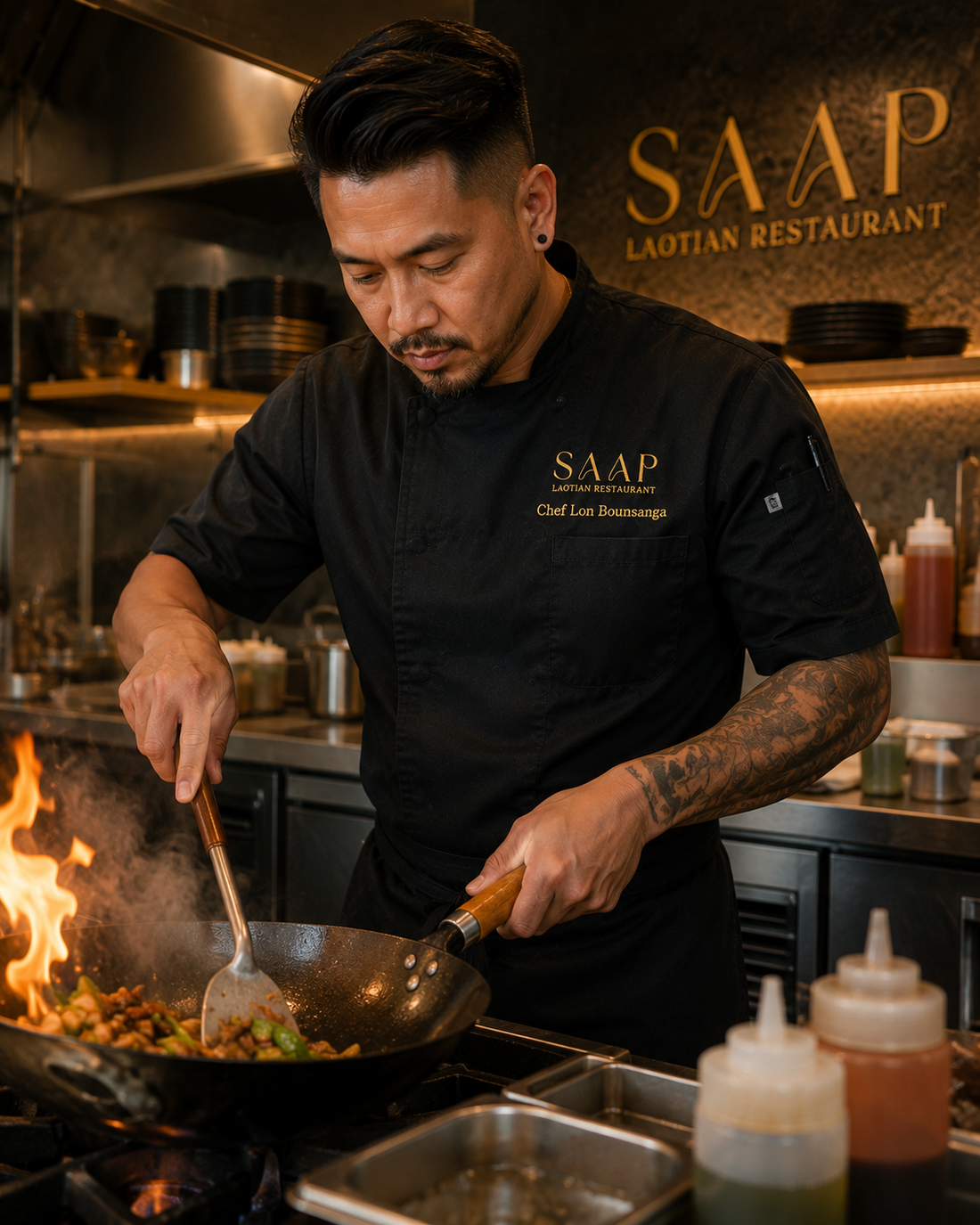 SAAP restaurant Cary NC staff in custom branded crew shirts — iHeartCustoms long-term apparel partnership
