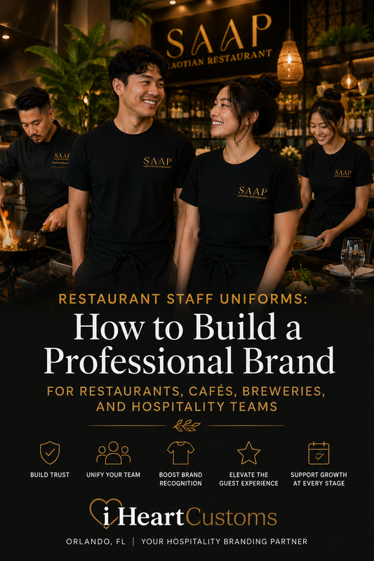 Restaurant staff in coordinated branded uniforms — custom crew shirts by iHeartCustoms Orlando