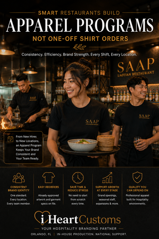 Restaurant staff uniform program — consistent branded apparel across new hires and seasonal additions