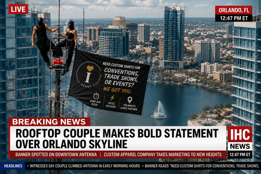 Rooftop couple hangs iHeartCustoms banner over Orlando skyline breaking news parody IHC News