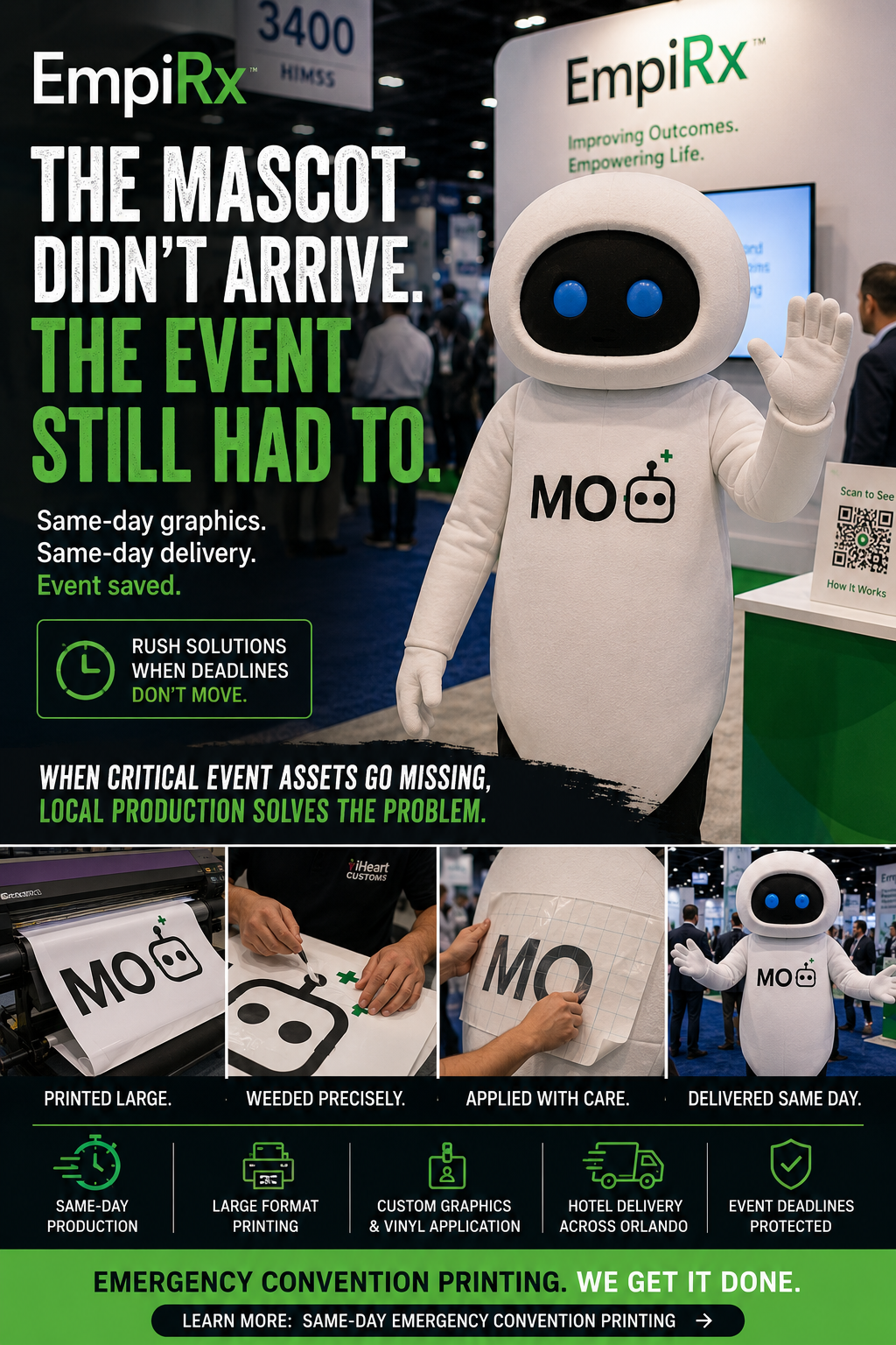 Same-day convention mascot graphics produced and delivered to Orlando hotel by iHeartCustoms