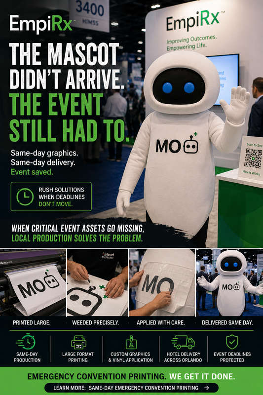 Same-day convention mascot graphics produced and delivered to Orlando hotel by iHeartCustoms