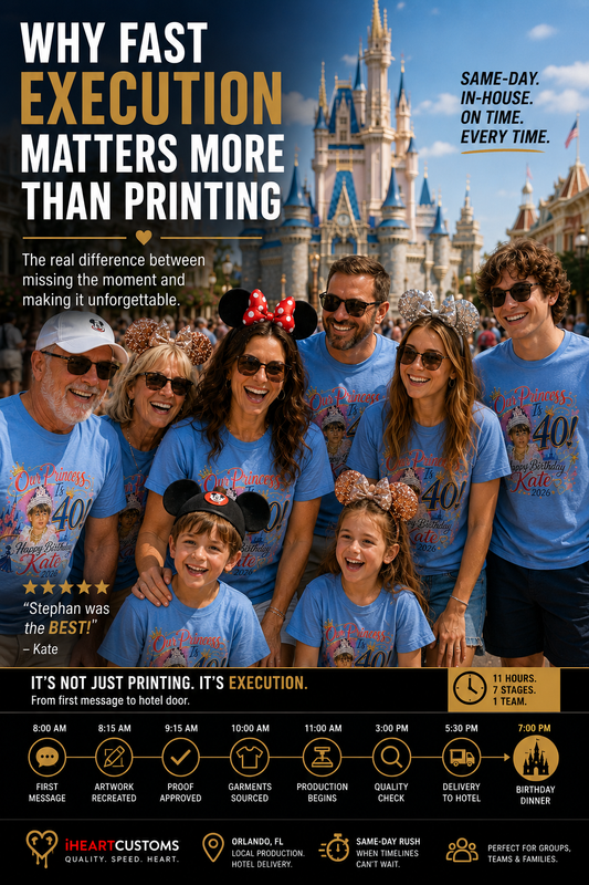 In-house rush production execution Orlando custom shirts same-day hotel delivery iHeartCustoms