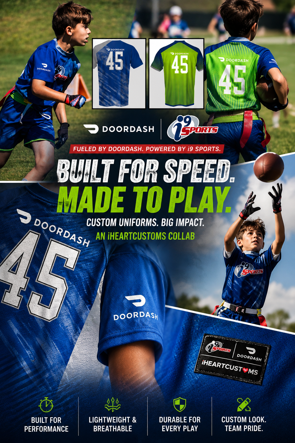 DoorDash sponsor branding applied to i9 Sports youth uniforms across Central Florida — iHeartCustoms Orlando