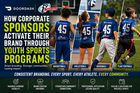 Corporate sponsor branding applied to youth sports uniforms across multiple teams — iHeartCustoms Orlando