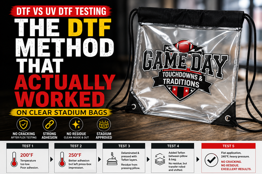 Custom clear stadium bag decorated using DTF transfer testing method after evaluating UV DTF and DTF application techniques