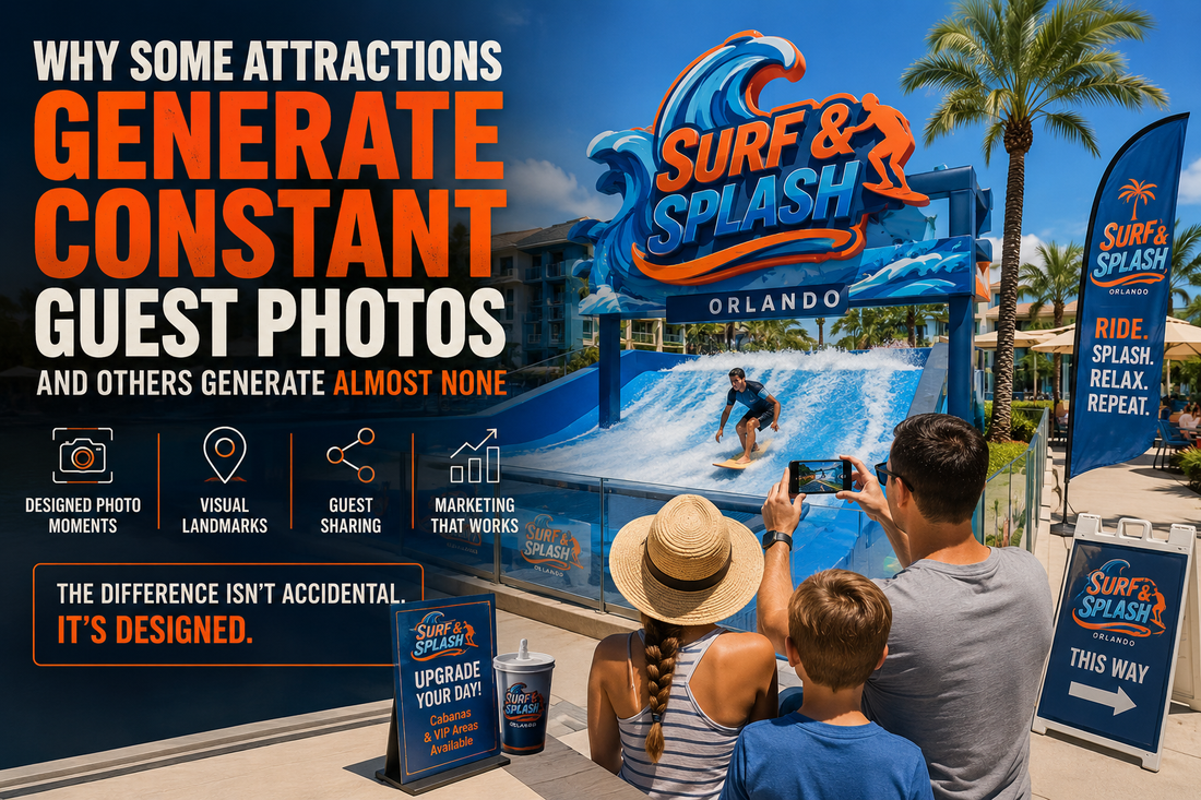 Branded resort attraction environment showing coordinated hospitality identity design across multiple guest touchpoints including signage, environmental graphics, and wayfinding at an Orlando waterpark property