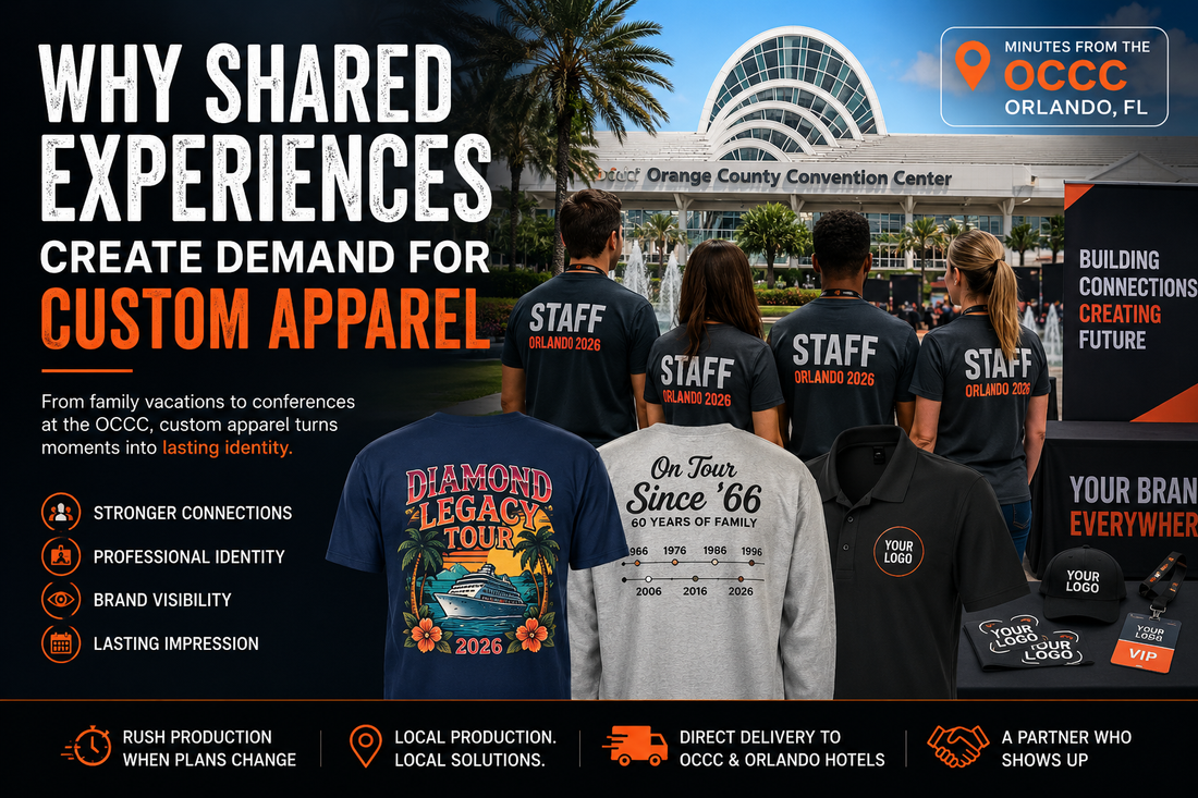 Orlando event apparel showing custom conference shirts and convention staff uniforms produced locally for delivery to International Drive hotels and the Orange County Convention Center