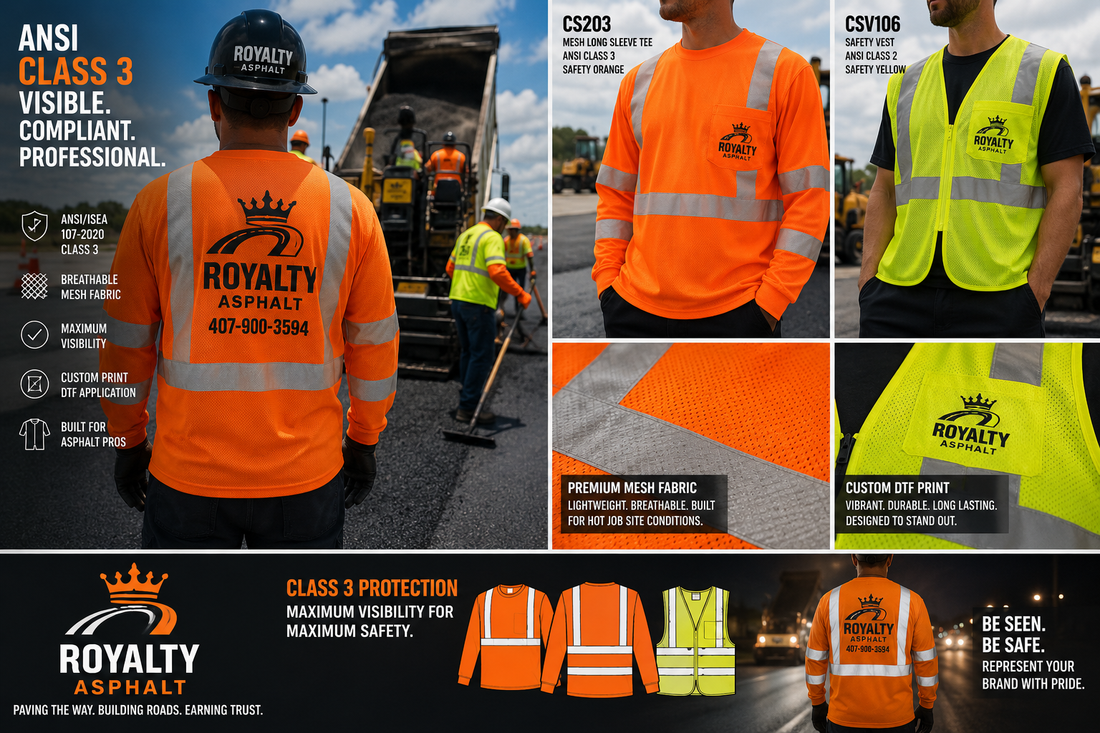 Royalty Asphalt branded reflective safety vest crew identification program iHeartCustoms