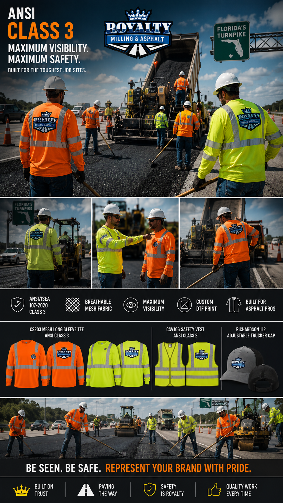 Custom ANSI Class 3 safety shirts Safety Orange and Safety Yellow with company logo Orlando