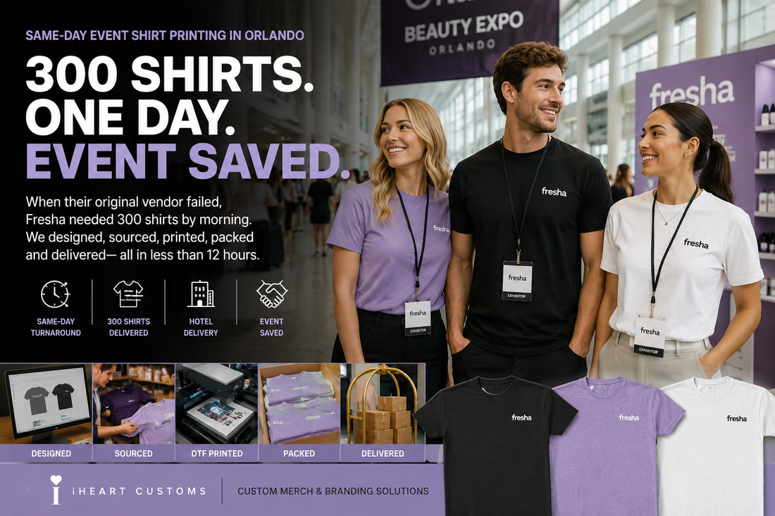300 custom event shirts produced same day for corporate client — iHeartCustoms Orlando
