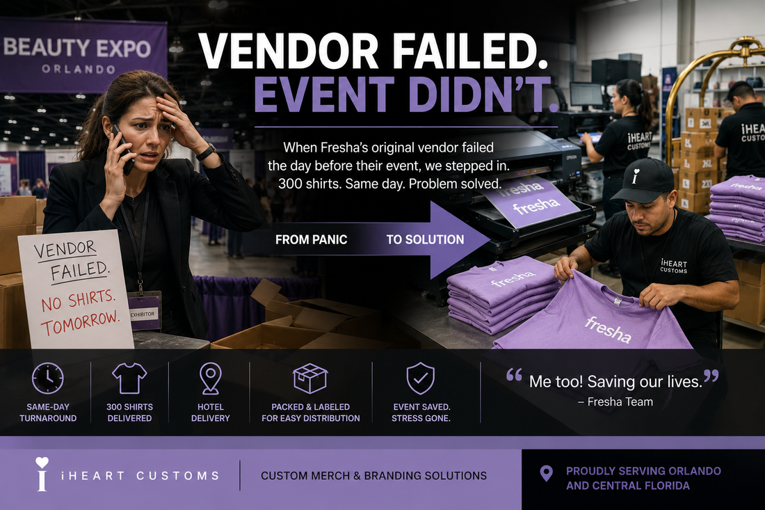 Rush shirt production for corporate event after vendor failure — iHeartCustoms Orlando