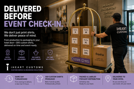 Event apparel boxes on hotel bell cart staged for corporate event — iHeartCustoms Orlando