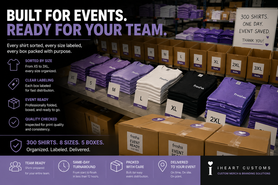 Conference shirts boxed by size for registration table distribution — iHeartCustoms Orlando