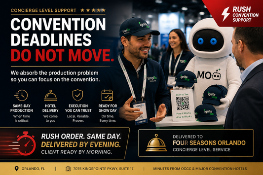 Rush convention merchandise same-day production hotel delivery Orlando OCCC exhibitor support