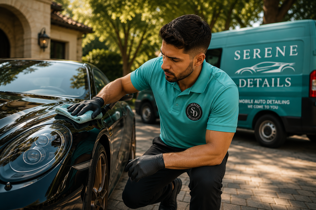 Mobile detailing technician wearing custom performance polo while servicing luxury vehicle in Orlando Florida