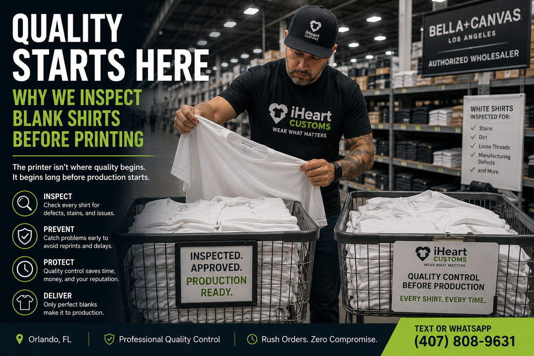 Blank white Bella Canvas shirts being inspected at distributor before custom printing — iHeartCustoms Orlando