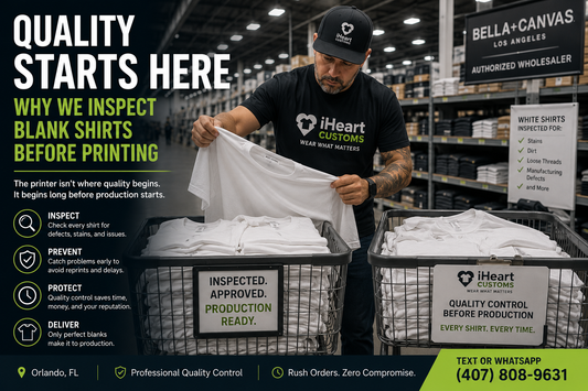Blank white Bella Canvas shirts being inspected at distributor before custom printing — iHeartCustoms Orlando