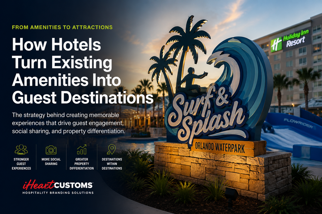 Branded waterpark attraction at a resort property showing attraction identity signage and environmental design elements that create a destination experience for hotel guests