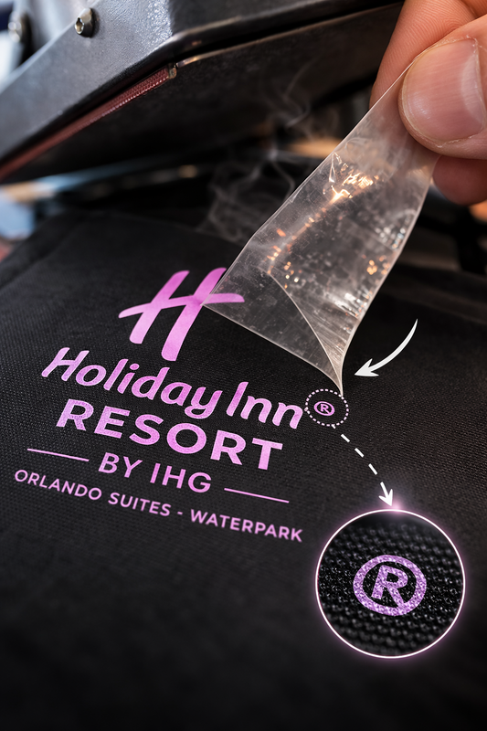 Hands-Free Pop and Peel DTF transfer technique showing instant hot peel and clean release of micro registered trademark symbol
