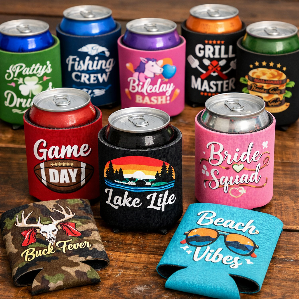 Custom koozies with full color DTF transfers printed by iHeartCustoms in Orlando