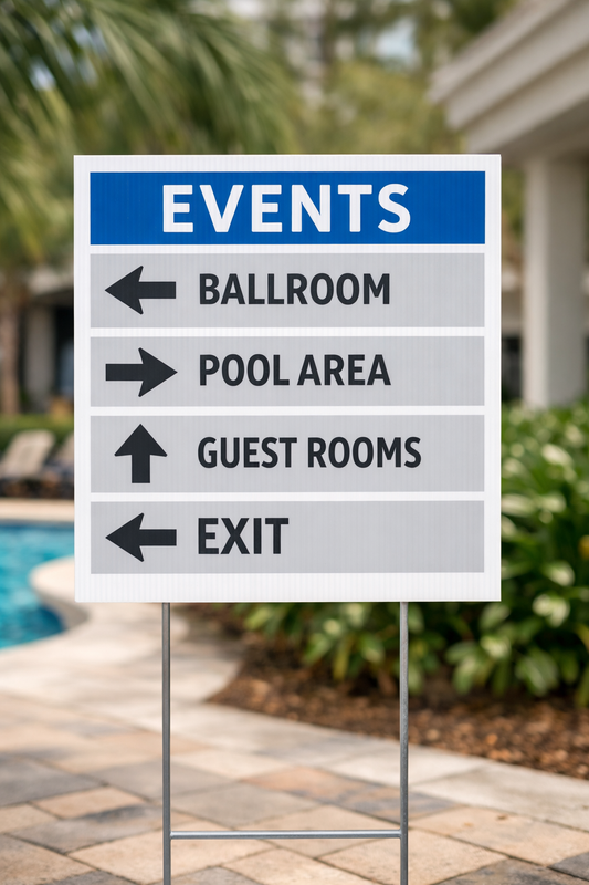 Custom coroplast wayfinder sign with vinyl graphics used for directional signage in outdoor resort environment