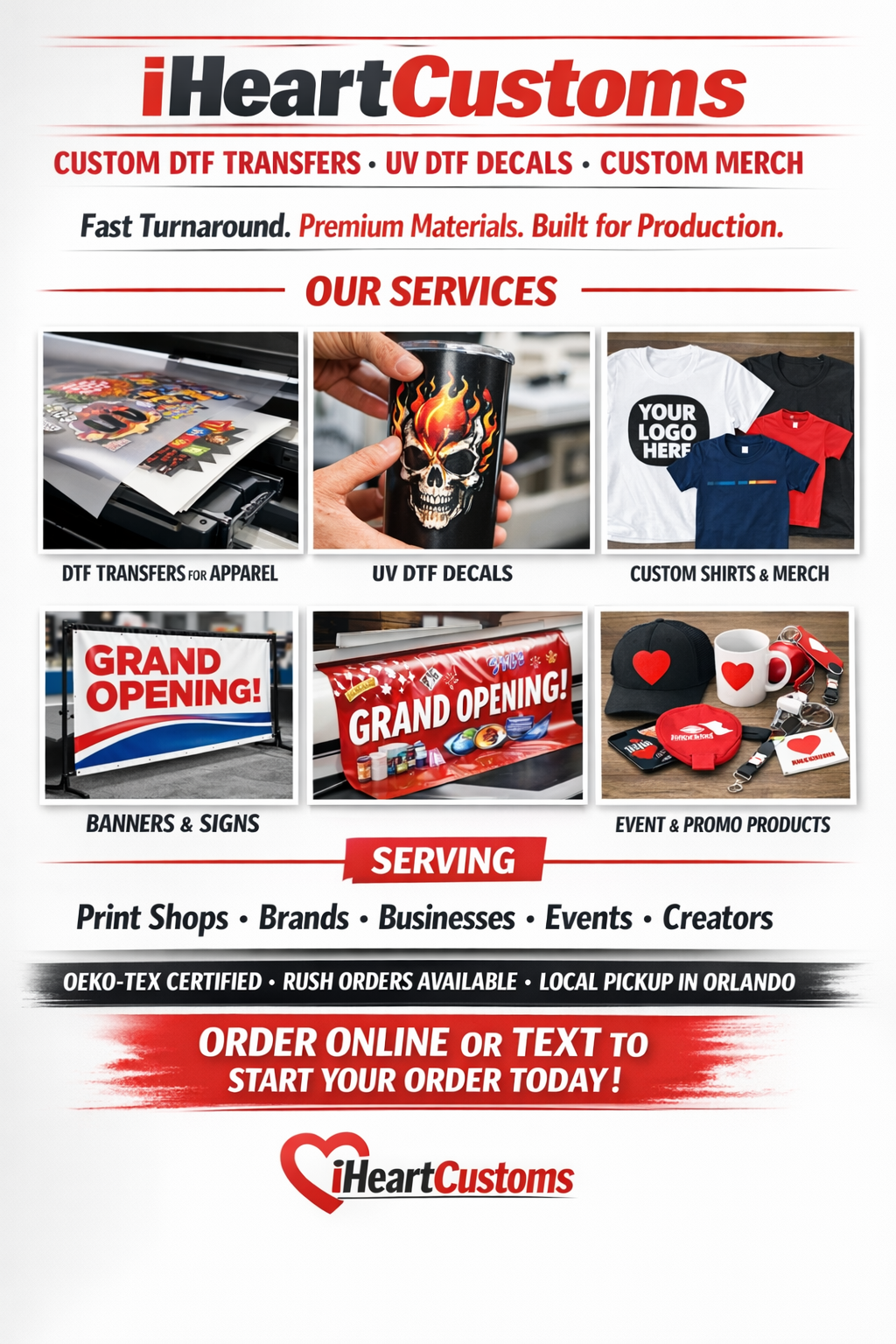 DTF transfers Orlando UV DTF decals custom shirts custom merch Orlando iHeartCustoms location directions