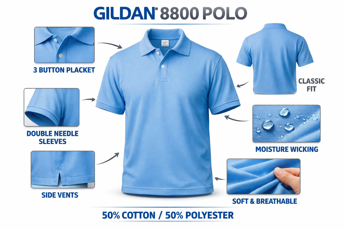 Gildan 8800 polo feature breakdown for DTF printing custom shirts Orlando